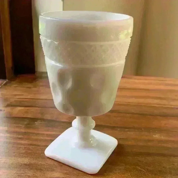 Vintage McKee Opal Milk Glass Pedestal Glass Pattern..Crosshatch & Dot Design - Picture 2 of 8